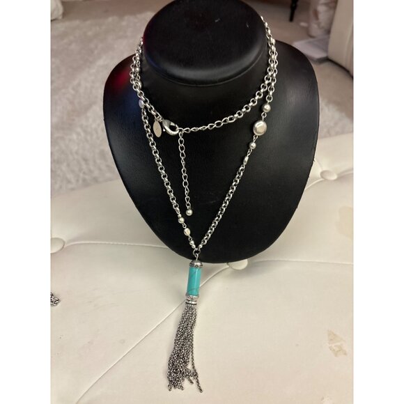 Chicos Turquoise & Silver Tassel Necklace With Chain & Bead Accents Long - Picture 3 of 13
